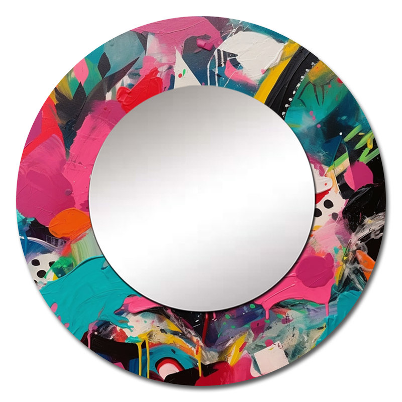 Rose et turquoise abstrait Enigma II - miroir abstrait, miroir mural décoratif moderne, impression d'art en métal, Rond