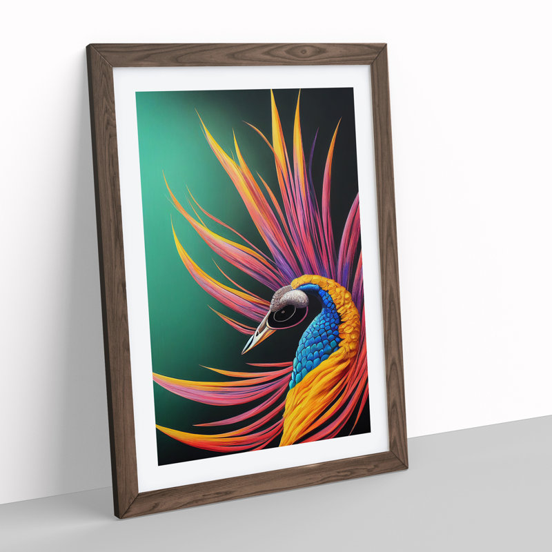 Bold Peacock Art No.5 - Wall Art, 66cm H x 48cm W x 2cm D, Walnut Framed, White