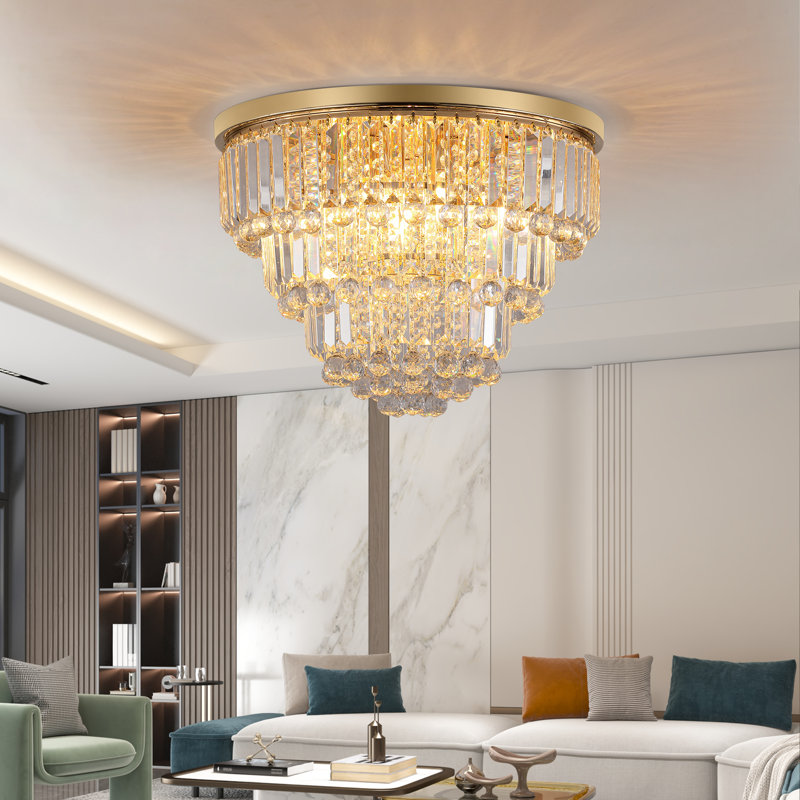   6-Light 20" Crystal Chandelier Gold Flush Mount Ceiling Light, Gold