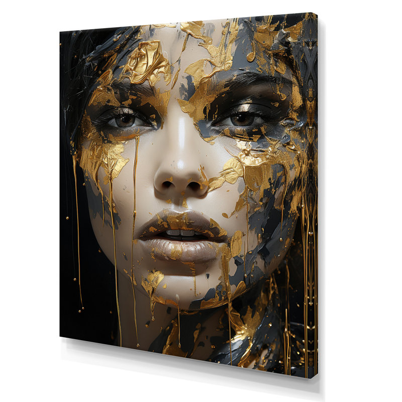 Portrait de femme glamour noir doré - art mural mode femme pour le salon, H 32 po x l 16 po x P 1 po, Toile tendue