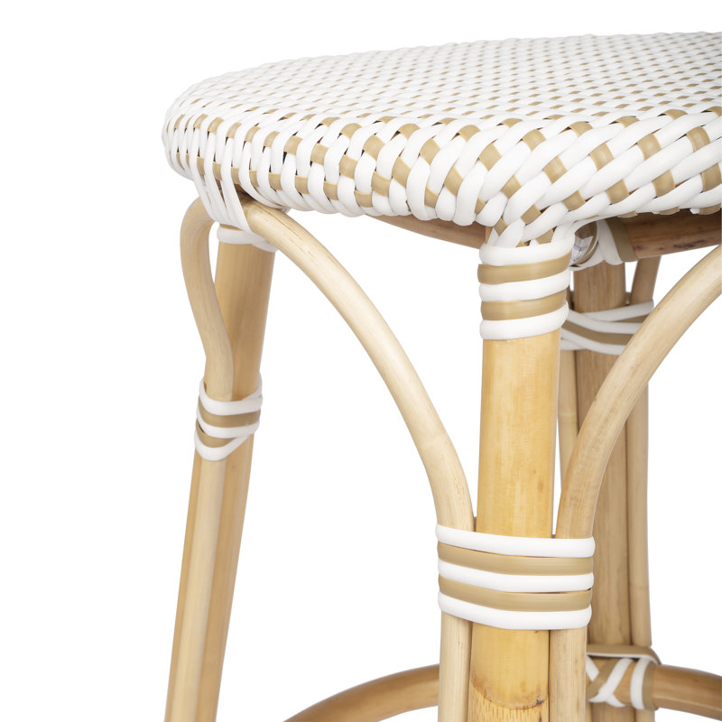 Alastair 18" Rattan Dining Short Stool - White/Tan Dot / Natural Rattan Frame, White/Tan Dot/Natural Rattan Frame