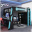 Lit mezzanine double en bois avec bureau, tablettes multiples et lumière RVB, bleu nuage