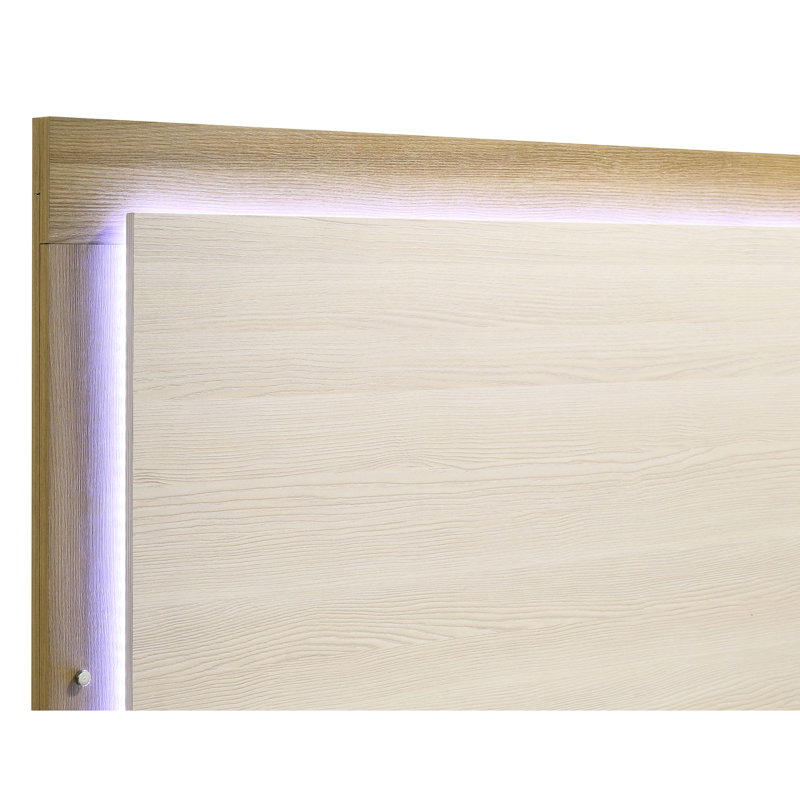 Grand lit 4 pièces avec éclairage encastré, cadre de lit en bois d'hévéa naturel, table de chevet, commode et miroir