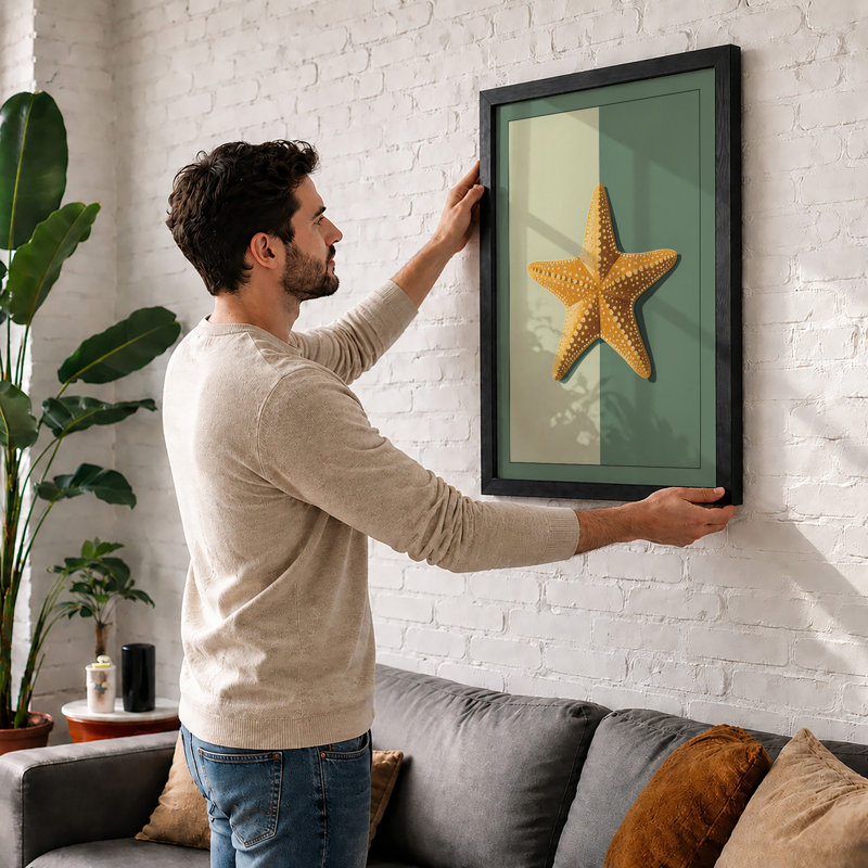 Golden Starfish Coastal - Framed Print, A3 - 42.0 x 29.7 cm, White