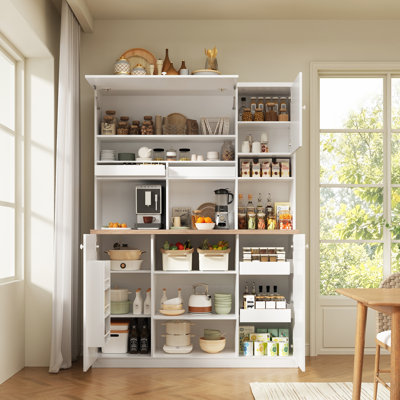 Kitchen Pantry Cabinet, Freestanding Storage Cabinet with 6 Adjustable Shelves, 4 Drawers, 4 Doors, 3 Door Shelves and Built-In Power Outlet
