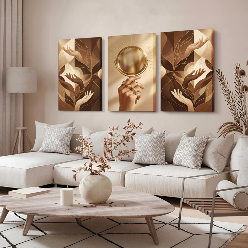 Ensemble de 3 tableaux abstraits sur toile tendue représentant des mains et un miroir, H 18 po x l 36 po