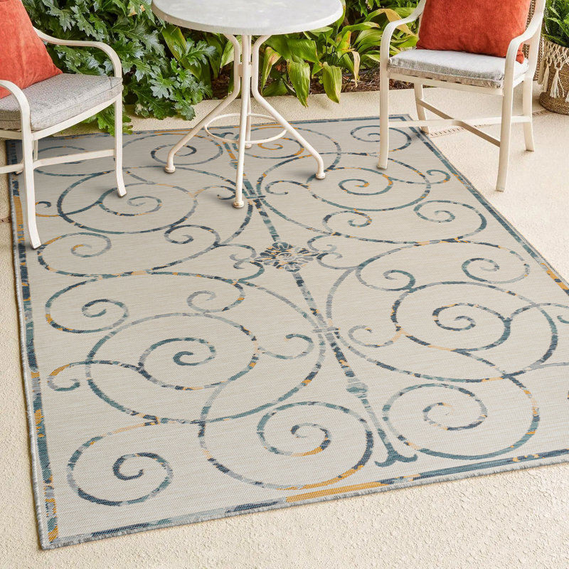 Tapis d'intérieur / extérieur crème / bleu marine Bilol, Rectangle 3 pi 11 po x 6 pi