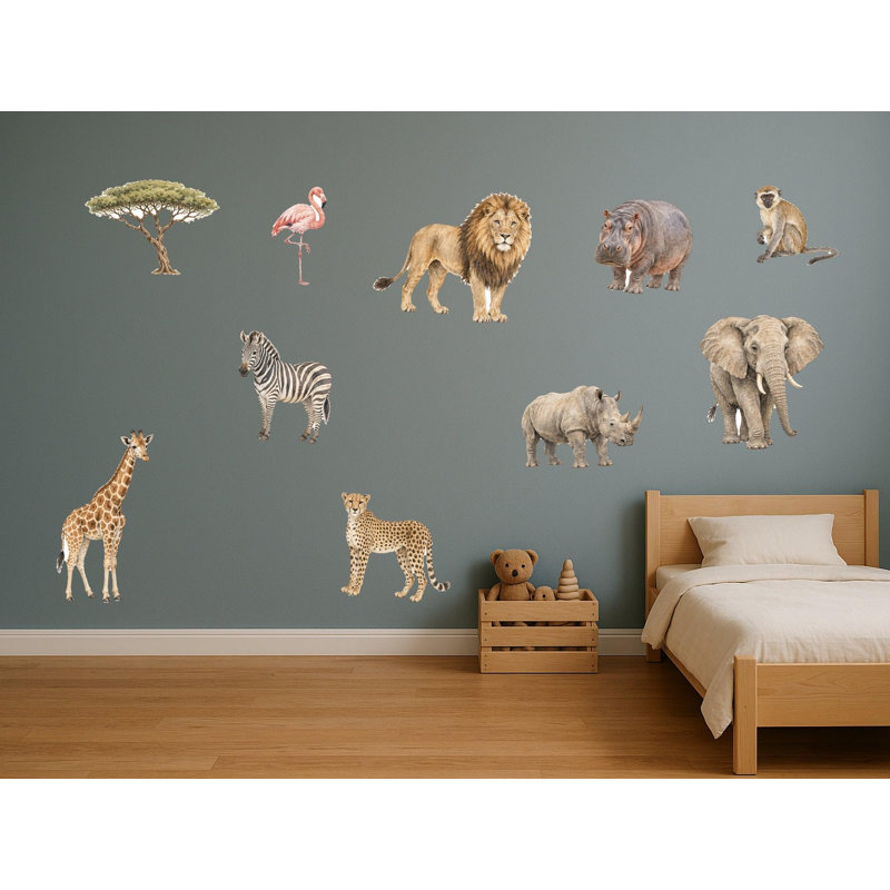 Soft Safari Animal Wall Decals, Set of 10 Peel and Stick Nursery Wall Stickers, Satin Finish Removable Kids Room Wall Art, 20"W x 20"H (50 x 50 cm)