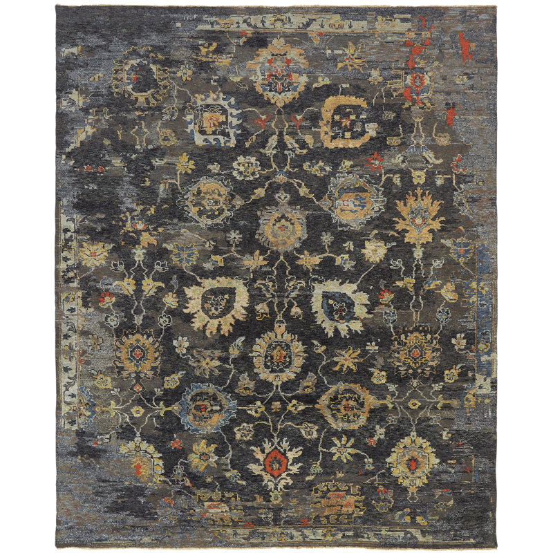 Tapis noué à la main à motif de fleurs noires Johannes, Tapis de couloir 2 pi 6 po x 10 pi