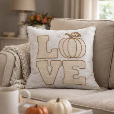 Coussin décoratif, broderie de lin beige Love Pumpkin, carré de 20 pouces