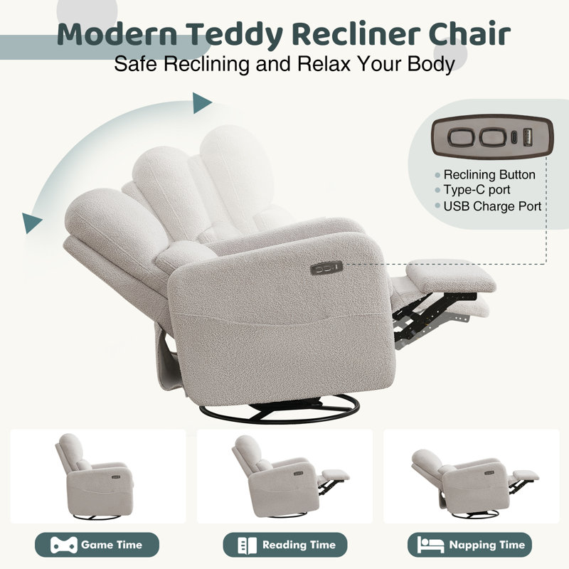 Gray Faux Leather Swivel Rocker Recliner with USB Port