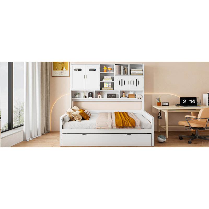 Full Size Wooden Daybed With Twin Size Trundle, And All-In-One Cabinet And Shelf, Full