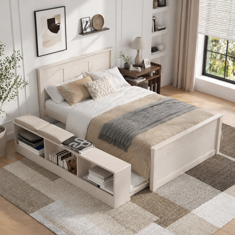 Lit plateforme en bois avec lit gigogne escamotable, armoire de rangement, Twin, Cream White