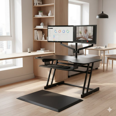  45 in. Black Height Adjustable Standing Desk Converter with Anti Fatigue Floor Mat and Triple Screen Riser