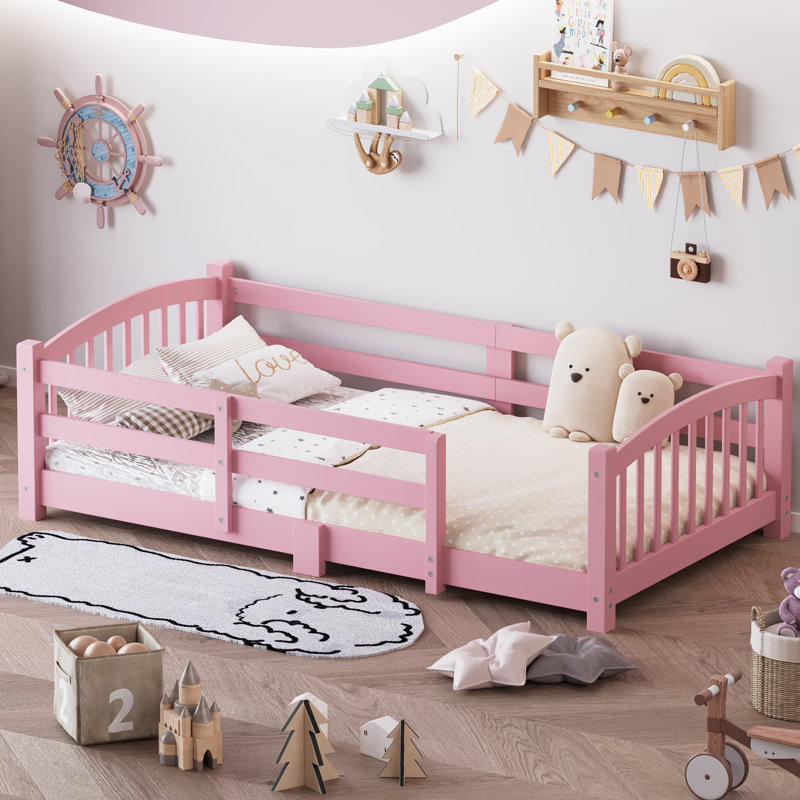 Twin Montessori Floor Bed, Solid Wood Frame With Safety Guardrails (no Door) & Slat Support, No Box Spring Needed, Easy Assemble For Toddlers/boys/girls