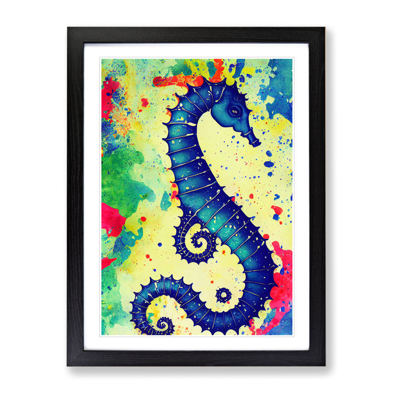 Seahorse Splash No.1 - Single Picture Frame Painting, Black Framed, 64cm H x 46cm W x 2cm D