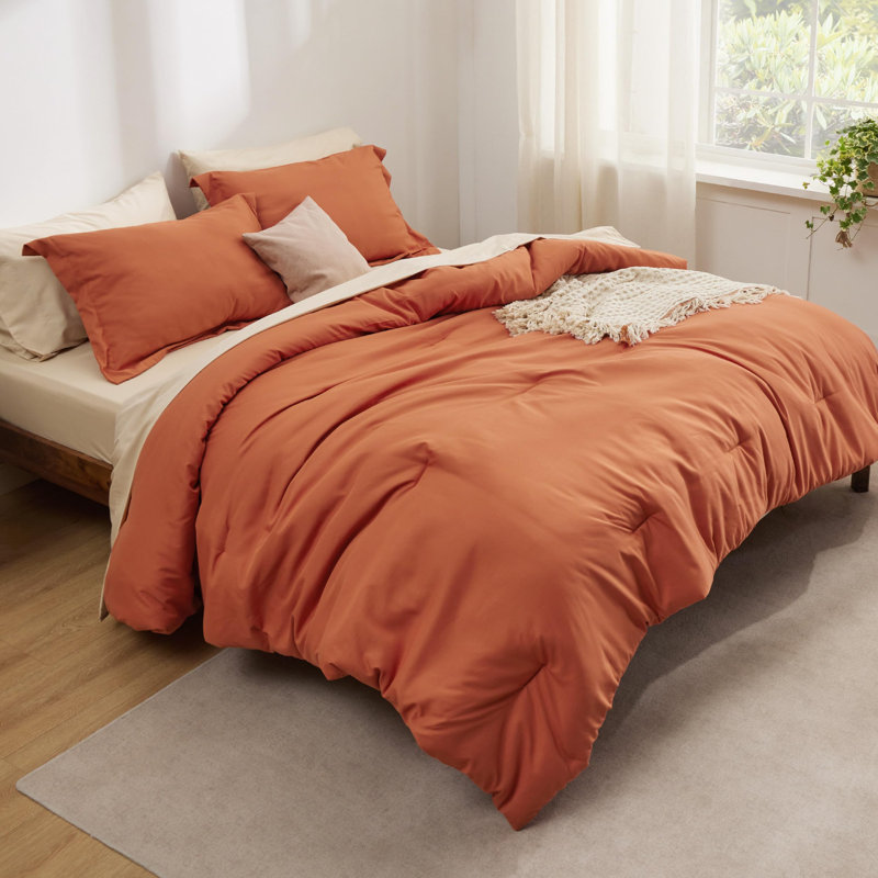 Ensemble d'édredon pour lit simple - ensemble de literie 5 pièces orange brûlé pour lit toutes saisons, lit contrastant bohème dans un sac avec édredon, draps, taie d'oreiller et taie décorative