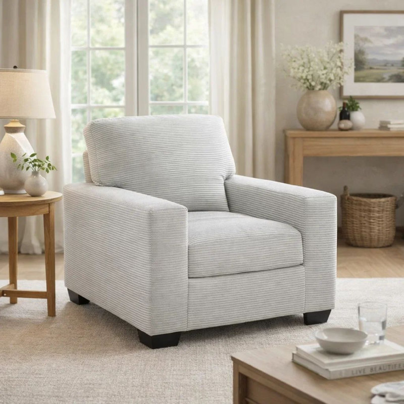 Fauteuil Geyn, polyester gris fumée clair, pieds en faux bois noir, Gris