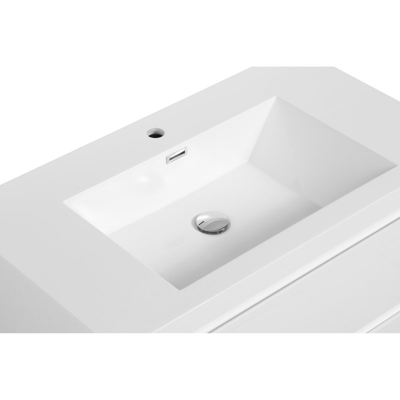 Meuble-lavabo flottant moderne 36 po avec lavabo en résine, armoire de rangement murale, tiroirs à fermeture en douceur, finition blanc brillant