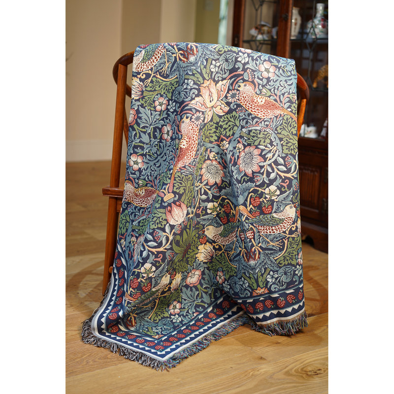 Jeté 100% coton William Morris, Bleu / vert / rose