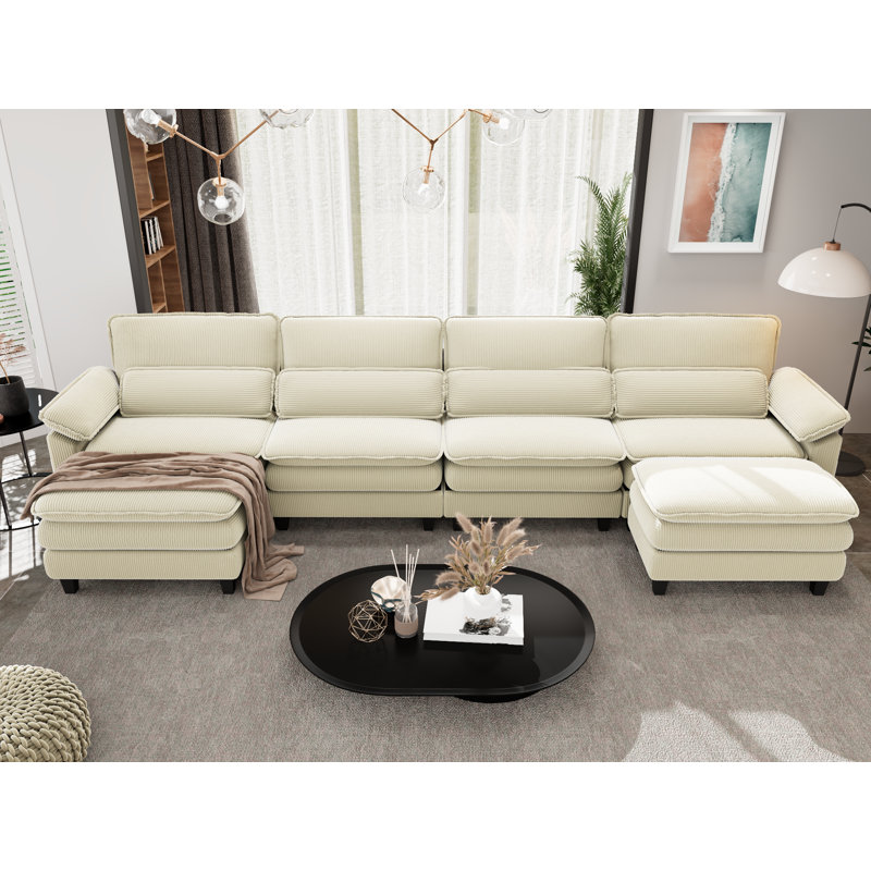 156"  U-Shaped Modern Modular Compressed Corduroy Fabric Sofa, Beige