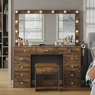 Vanity Desk & Power Outl, Makeup Vanity with Mirror and 12 LED Lights, Makeup Table with 11 Drawers, Vanity Table with Chair,Set 3 Lighting Modes Brightness Adjustable