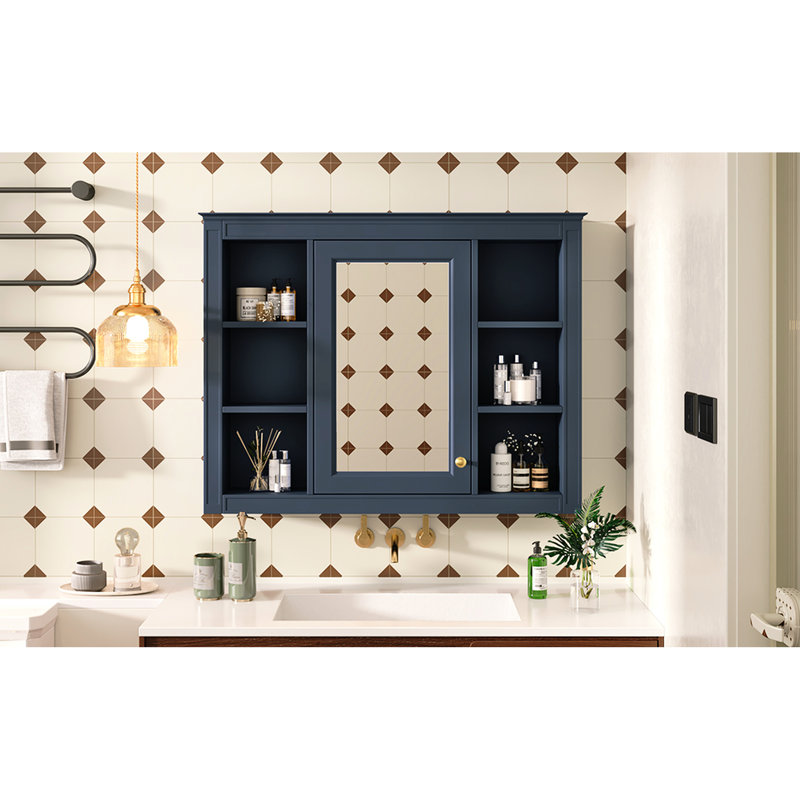 Armoire murale de salle de bain 35 po x 27,5 po, armoire à miroir avec rangement fonctionnel, finition bleue, fixation murale 35 po x 27,5 po, poignée rétro, bleu, rangement