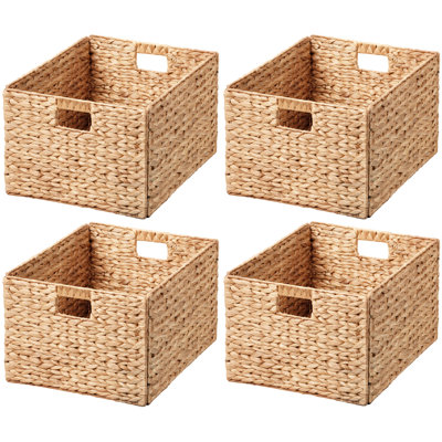 Rectangular Natural Water Hyacinth Hand Woven Rattan Wicker Storage Basket Set with Iron Wire Frame