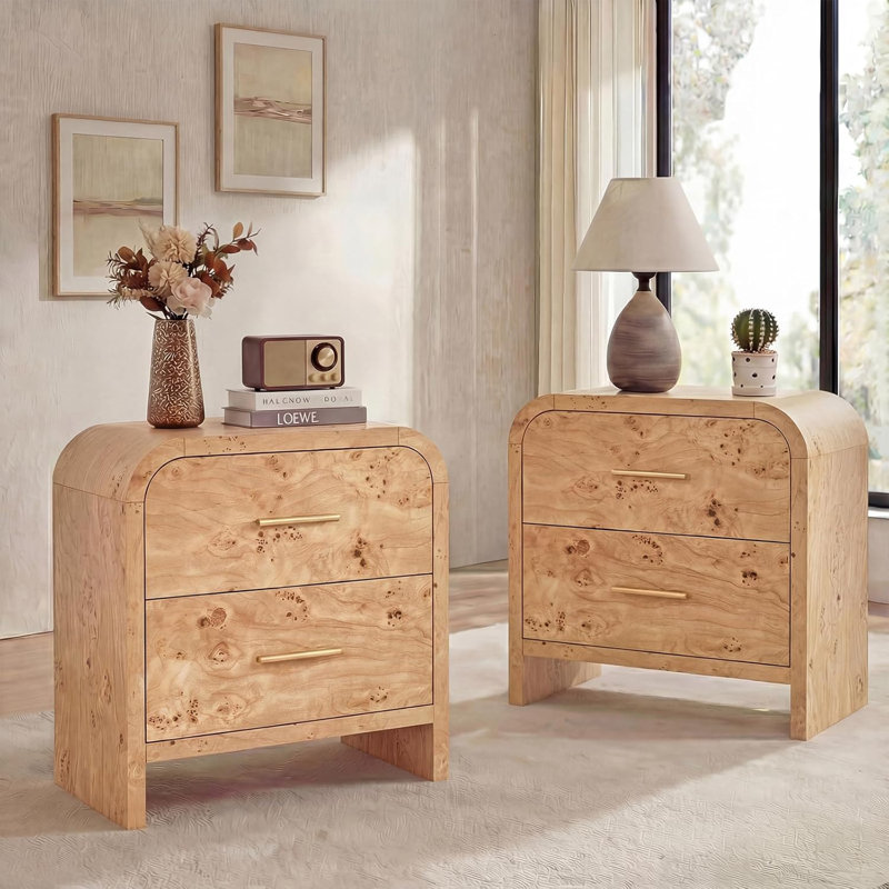 Table de chevet légère Burlwood avec coin incurvé, bois d'ingénierie épais de 1,18 po, poignées champagne doré, Ensemble de 2