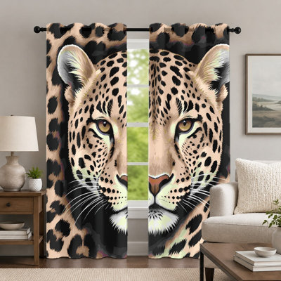2Pcs Leopard Head Print Curtains, Wild Animal Style Window Panel, Artistic Spotted Pattern Decorative Grommet Drapes, Window Treatment for Bedroom Living Room Decor
