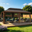 Pavillon de jardin en aluminium 12 po x 20 pi avec toit double en acier galvanisé, moustiquaire, rideaux d'intimité et crochets de plafond - Pavillon de jardin d'extérieur en grain de bois pour patio, terrasse et cour arrière