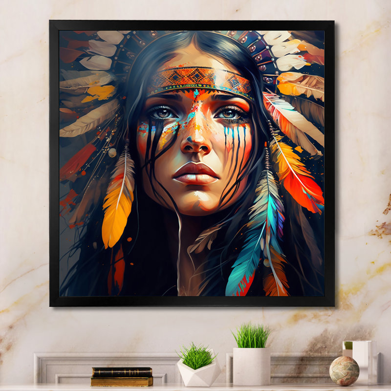 «Colorful Native American Woman VI», art mural femme bohème, H 36 po x l 36 po, Toile avec cadre photo, Noir