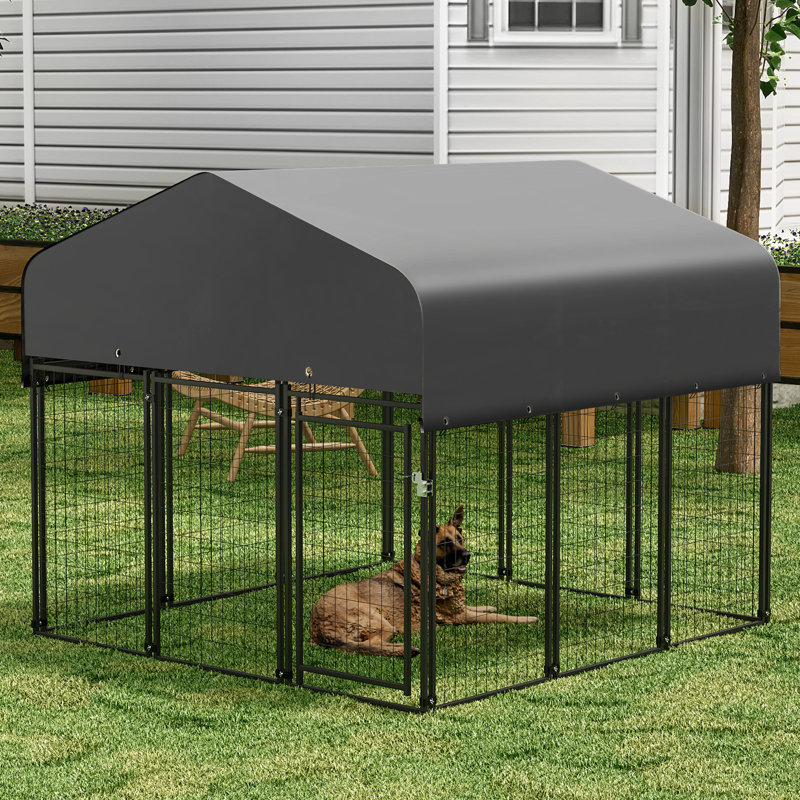 Large Black Steel Outdoor Dog Kennel with Waterproof Cover