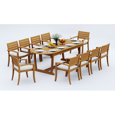 Ensemble de salle à manger 7 pièces en bois de teck de qualité A: table de chevet ovale à tréteaux de 94 po et 6 chaises empilables Alvarado # 11TV2306