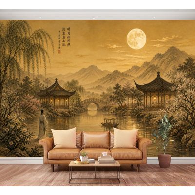 Wall Mural Peel and Stick Moon boat lake bridge vintage Chinese Landscape Pagodas mountain Trees Large Wallpaper Self-Adhesive Removable Contact Paper Wall Decor for Living Room Bedroom Nursery 100"H x 144"W
