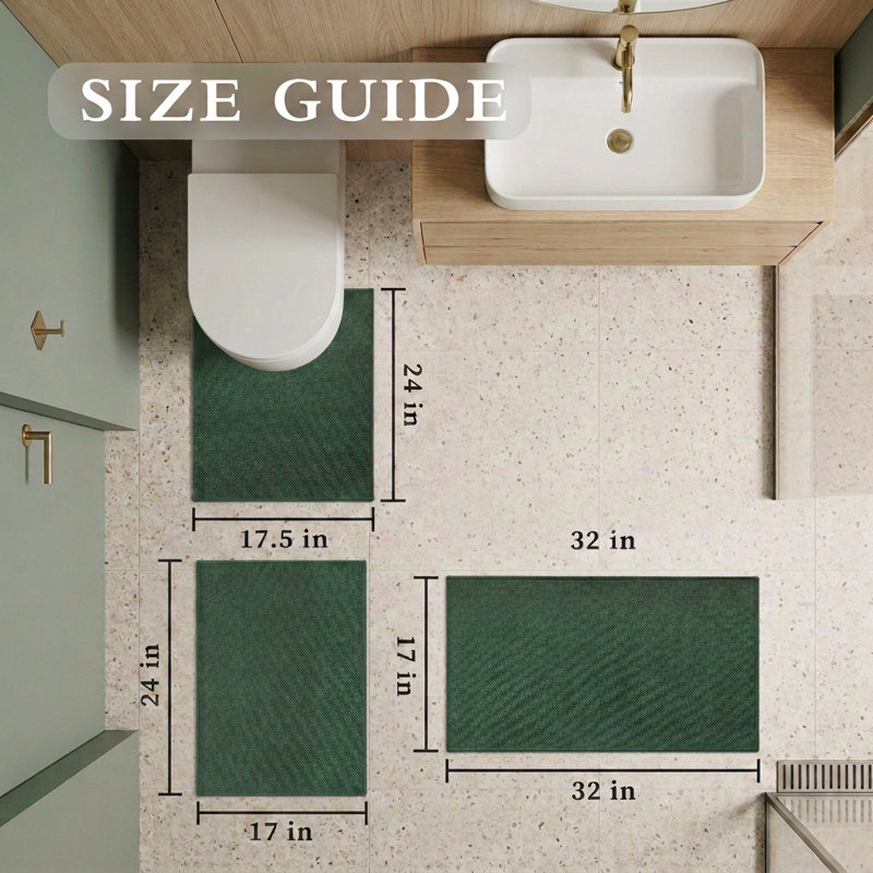 3 Piece Textured Linen-Look Bath Rug Set with Non-Slip Backing, Green