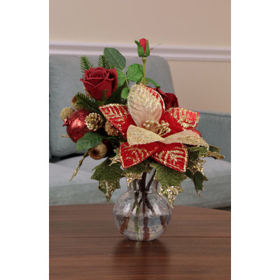 Vase of Poinsettia and Floral, Red - 17 Inches