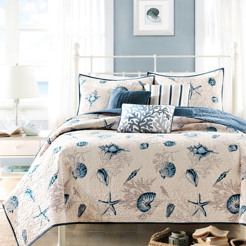 Microfiber Quilt With Print, King, Blue Vermicelli Quilting, King Size, Pillows, King Quilt + 5 Additional Pieces