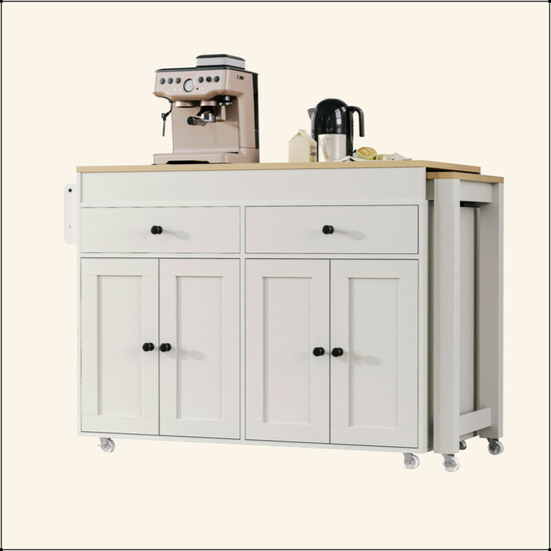 Kitchen Island With Extendable Dining Table , Rolling Kitchen Island On Wheels With Spice Rack And 2 Drawers,  Kitchen Storage Cart With 4 Door Cabinet, For Kitchen, Dining Room