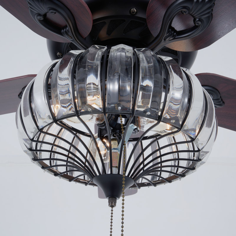 52" Crystal Ceiling Fans With Lights Remote, Black Farmhouse Chandelier Ceiling Fan Light Kit, Modern Rustic Fandeliers With 5 Wood Reversible Blades For Decorate Living Room Bedroom