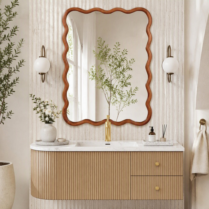 30"x40" Wavy Rectangle Solid Wood Frame Decorative Mirror, Yellow Brown