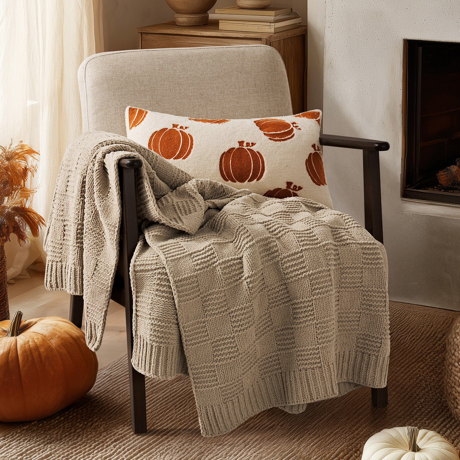Checkered Weighted Knit Throw Blanket, 50" X 60", Sand Dune