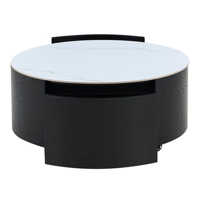 Table basse ronde moderne mobile avec roulettes, 2 tiroirs, plateau en pierre frittée à motif marbré, 29,5 po