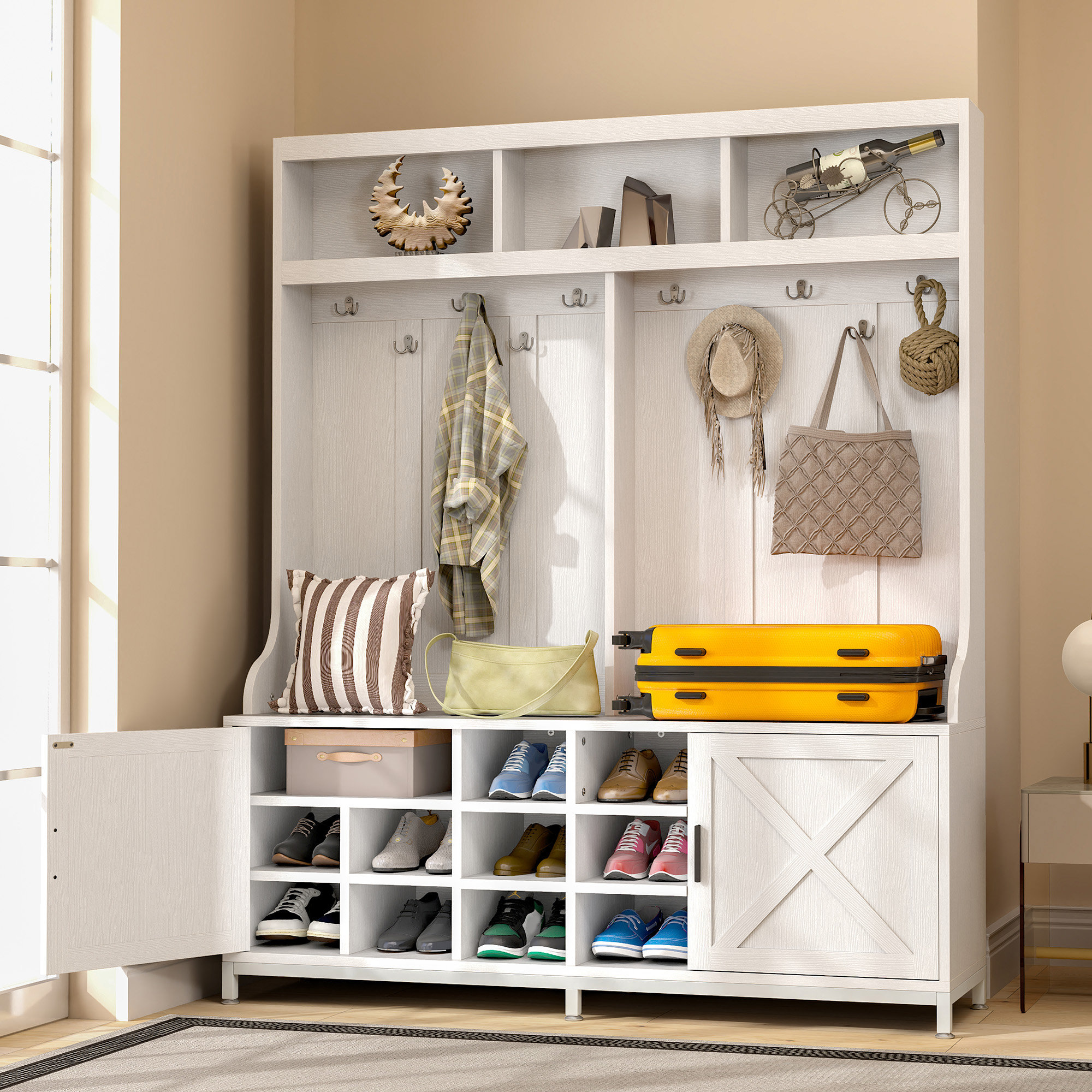 Gracie Oaks Freestanding Farmhouse Entryway Hall Tree With Shoe