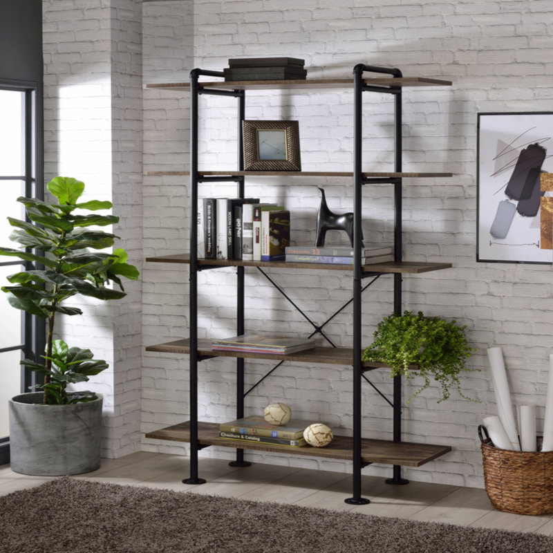 Eligha 6-Shelf Bookcase in Rustic Oak and Black, Brown