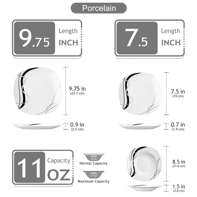 Fiona 18 Pieces Porcelain Square Black and White Dinnerware Sets, Service for 6