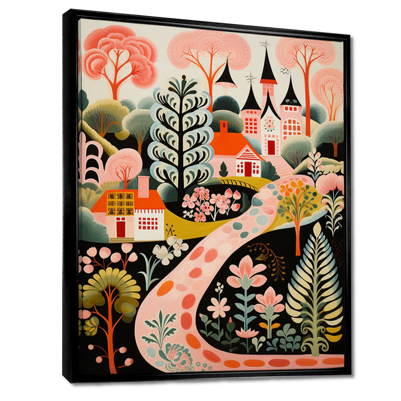 Flowerful Path To Retro Church Illustration - Church Wall Art Living Room, Toile avec cadre flottant noir