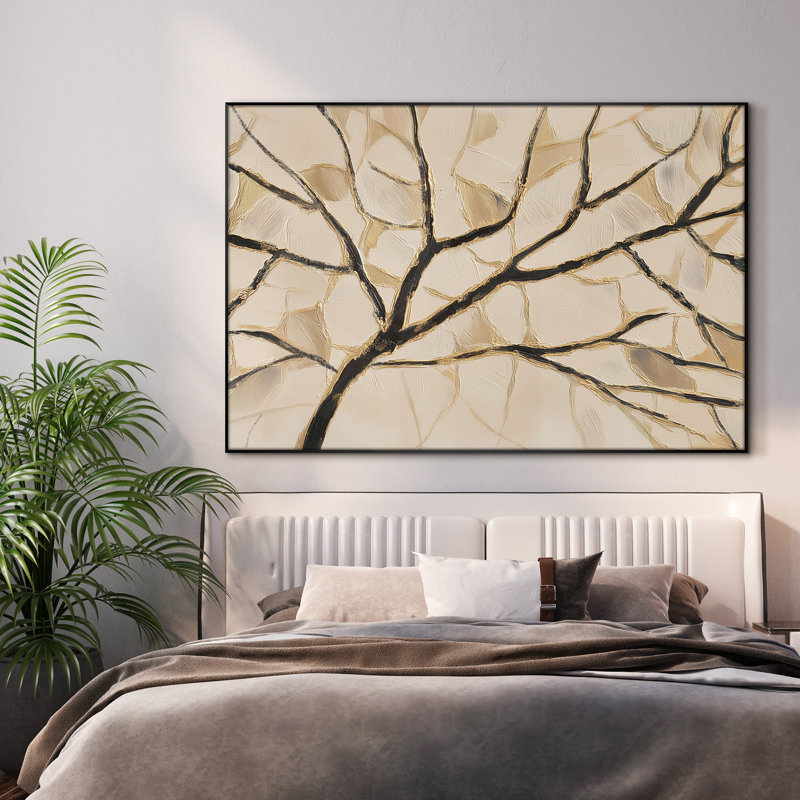 Très grand art mural imprimé sur toile - Branche dorée et noire sur fond neutre, décoration pour salon ou chambre à coucher - «Assemblage requis du cadre (cadre non fini)»