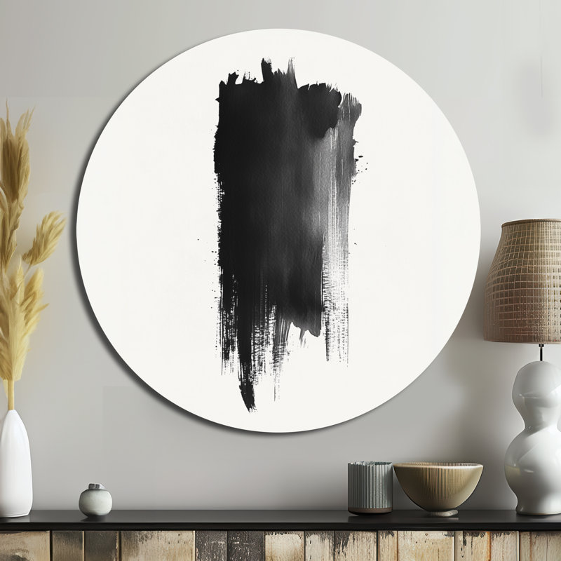 Noir et blanc, coup de pinceau méditation - Minimalisme abstrait, art mural rond en métal, L 29 po x H 29 po