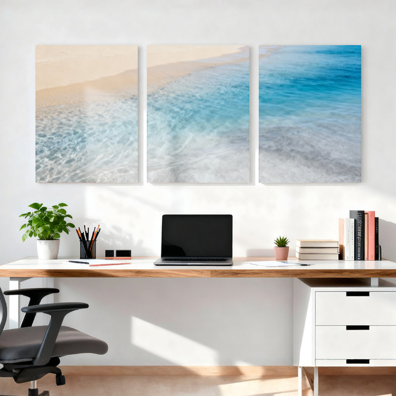 Ensemble de 3 toiles murales représentant une scène de plage et de vagues océaniques, H 24 po x l 48 po